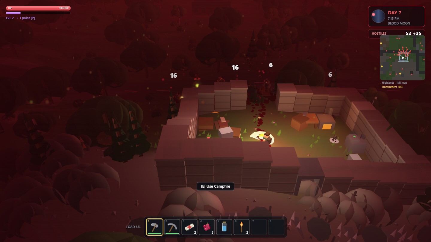 The same compound under a blood moon, everything washed deep red. A wall section
                on the north side has been destroyed and infected are pouring through the gap into
                the courtyard, where the campfire still burns. The counter reads fifty-two hostiles
                with thirty-five more coming.