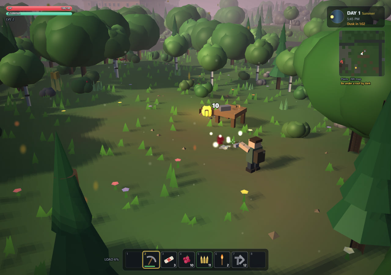 At dusk in a green forest clearing, a survivor strikes an infected beside a glowing campfire and wooden workbench. A white damage number hangs over the fight.